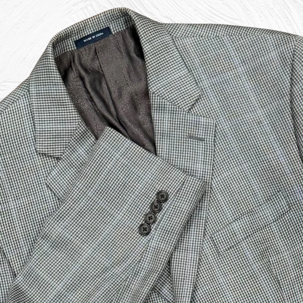 Ralph Ralph Lauren 43R Gray Blue Houndstooth Blazer Silk Wool Cashmere SportCoat